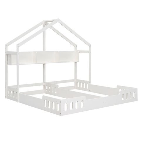 Twin Size Platform Bed With Shared Design, Guardrails, And Built In Shelves - Creamy White
