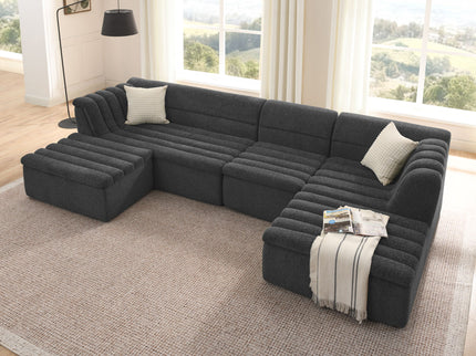 U-Shaped Modular Sectional Sofa With Chaise And Movable Ottoman With Wave-Shaped Armrest