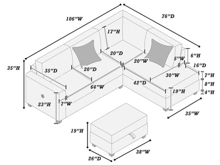 Modern Style Sectional Set With USB Port, Storage Ottoman