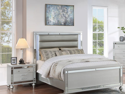 Modern Bed With LED Lights And Glass Panels, 2 Nightstands