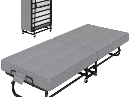 Twin Folding Bed With Memory Foam Mattress, 4 Lockable Wheels - Gray