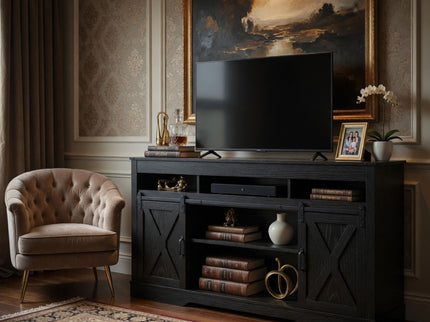 Farmhouse TV Stand With Sliding Barn Doors & Adjustable Storage