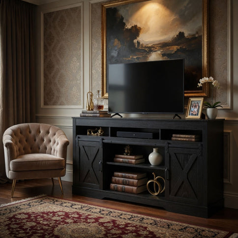Farmhouse TV Stand With Sliding Barn Doors & Adjustable Storage