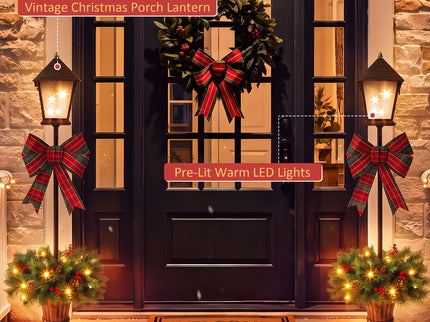 Christmas Lamp Post Decor With Plaid Bow, Artificial Outdoor Holiday Decor (Set of 2) - Brown / Bronze / Green