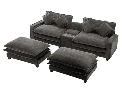 Modern Sectional Sofa With Removable Ottomans, USB Ports