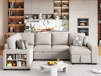 U-Shaped Sectional Sofa Pull-Out Sofa Bed With Two USB Ports, A Storage Chaise Lounge And Four Back Pillows For Living Room