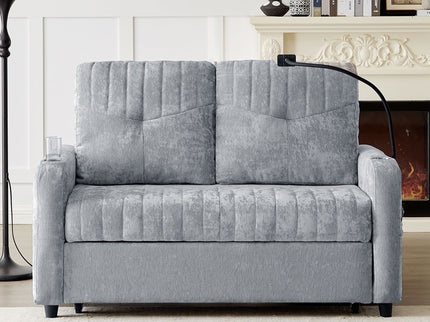 Modern Loveseat Pull Out Sofa Bed With Adjustable Backrest, Two Cup Holders, A Phone Holder, Three Charging Ports And Side Storage Pockets For Living Room