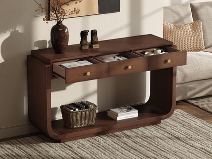 Console Table With 3 Drawers, Display Shelf, Curved Legs - Walnut
