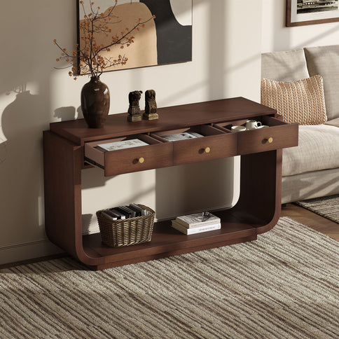 Console Table With 3 Drawers, Display Shelf, Curved Legs - Walnut