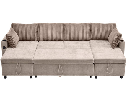 Sectional Sofa Bed With Pull Out Sleeper, USB Ports, Cup Holders