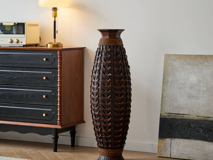 Hand Woven Bamboo Floor Vase, Decorative Accent For Living Room - Acacia Wood