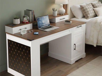 Office Desk With Storage Cabinet, Charging Station, Monitor Stand & Pegboard