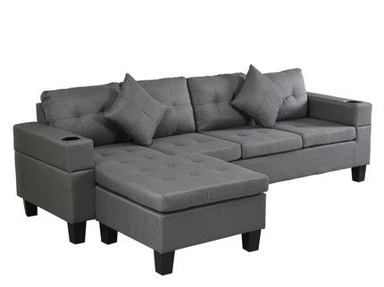 Modern Sectional Sofa Set With L Shape Chaise Lounge, Cup Holder, 4 Seat - Gray