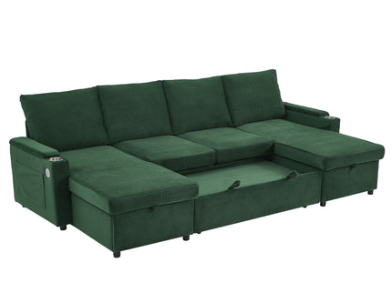 U Shaped Sectional Sofa Bed With Storage Chaise Lounges, USB Ports, And Cup Holders