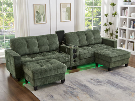 Modern Sectional Sofa U-Shaped With Movable Ottomans, tooth Speakers, LED Lights And Modular Storage