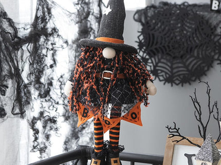 Standing Gnome With Banner & Spring Body, For Halloween Decor - Black / Orange / White