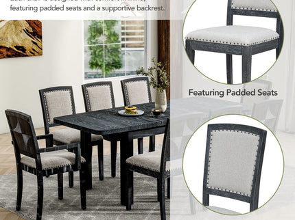 Topmax - Rustic Extendable Dining Table Set With Removable Leaf, 6 Upholstered Armless Dining Chairs And 2 Padded Arm Chairs, 9 Pieces
