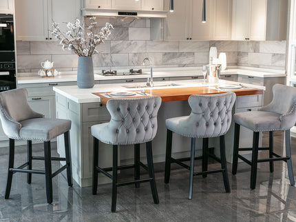 Contemporary Upholstered Wing-Back Barstools With Button Tufted Decoration And Wooden Legs, And Nailhead Trim, Leisure Style Bar Chairs, Bar Stools (Set of 2)