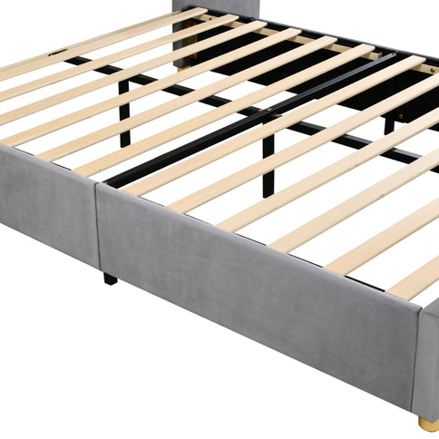 Upholstered Platform Bed, 2 Outlets And USB Charging Ports On Both Sides, 2 Bedside Pillows, Storage Shelves