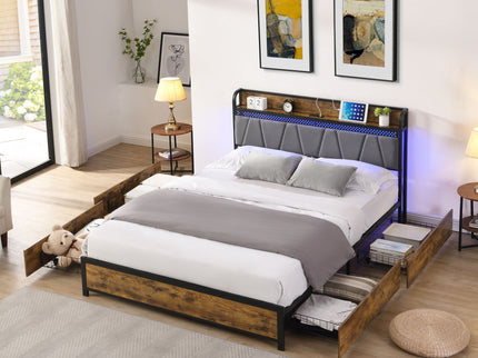 Modern Bed Frame With LED Lights, Upholstered Headboard, USB Charging