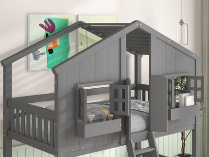 House Bunk Bed With Roof, Window, Window Box, Door, With Safety Guardrails And Ladder