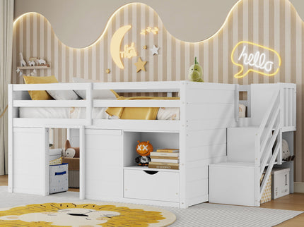 Low Loft Bed Frame With Built In Stairs, Storage Drawer, Shelf And 7 Color LED Light
