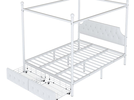 Queen Size Canopy Platform Bed With Upholstered Headboard And 2 Storage Drawers - White