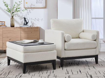 Farmhouse Upholstered Accent Chair With Ottoman, Reversible Lid Coffee Table