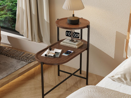Round Coffee Table With Storage Tray 2 Tier Oval End Tables Wooden Small Side Table For Living Room