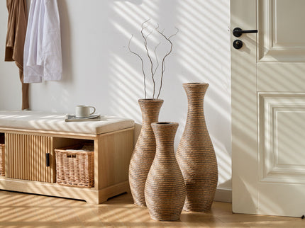 3 Piece Artificial Rattan Floor Vase Set Decorative Accent For Living Room, Hallway & Entryway, Ideal For Dried Or Silk Flower Arrangements - Beige