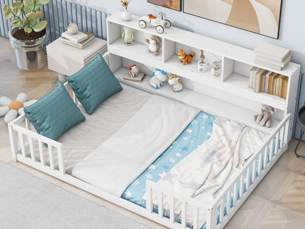 Floor Bed With Side Bookcase, Shelves, Guardrails