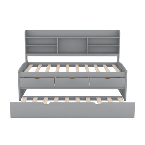 Captain Bed With Built In Bookshelves, 3 Storage Drawers, And Trundle