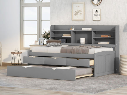 Captain Bed With Built In Bookshelves, 3 Storage Drawers, And Trundle