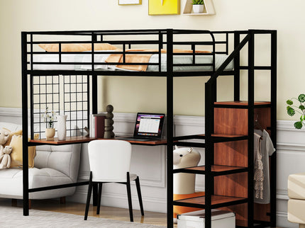Loft Bed With Desk And Grid, Stylish Frame With Lateral Storage Ladder And Wardrobe