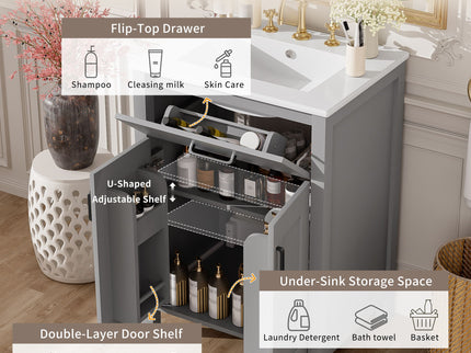 Bathroom Vanity With Ceramic Sink, Soft Close Doors, Flip Drawer, Double Layer Door Shelves
