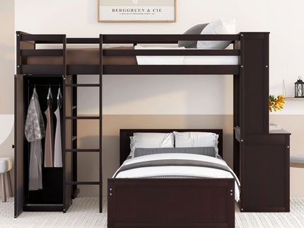 Loft Bed With A Stand Alone Bed, Shelves, Desk, And Wardrobe