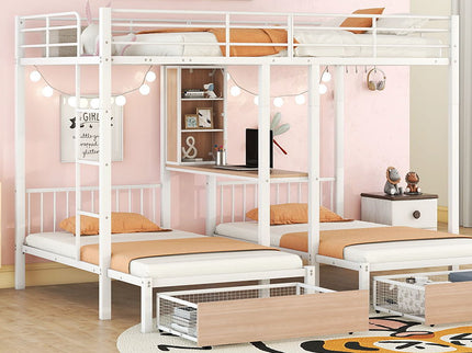 Triple Bunk Bed With Drawers, Multi-Functional Frame With Desks And Shelves In The Middle