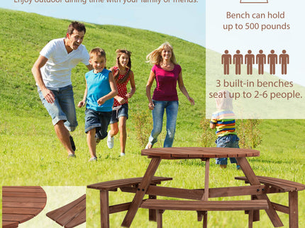6 Person Circular Outdoor Wooden Picnic Table For Patio, Backyard, Garden, Diy With 3 Built-In Benches, 1720Lb Capacity