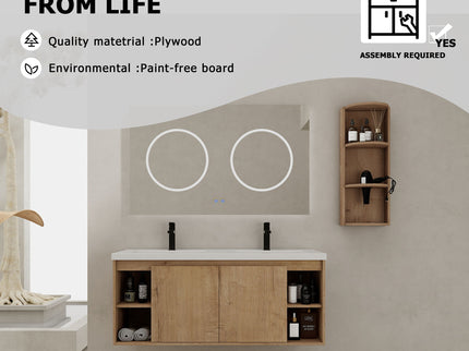 Modern 48" Wall Mounted Bathroom Vanity With Double Resin Sink And Storage Rack Soft Close Doors - Imitative Oak