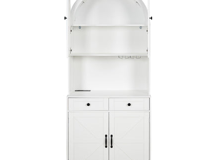 Tall Arched Pantry Cabinet With Charging Station, Adjustable Shelves, Coffee Bar