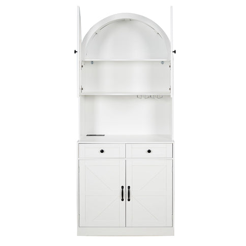 Tall Arched Pantry Cabinet With Charging Station, Adjustable Shelves, Coffee Bar