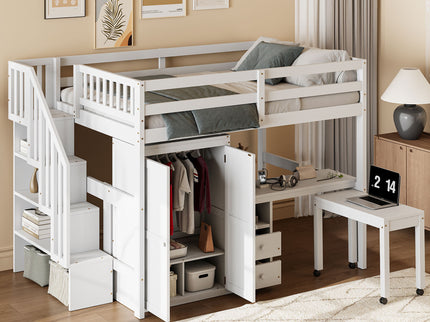 Loft Bed With Stairs, Bookshelf, Drawers, Desk & Wardrobe, Space Saving Multifunctional Furniture