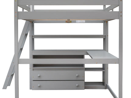 Modern Loft Bed With Built In Desk, Shelves, And 2 Drawers