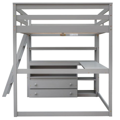 Modern Loft Bed With Built In Desk, Shelves, And 2 Drawers