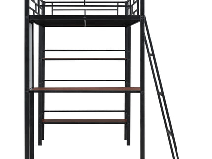 Loft Metal Bed With 3 Layers Of Shelves And Desk, Stylish Metal Frame Bed With board