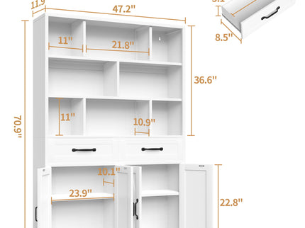 Bookcase Tall With 2 Doors & 2 Drawers, Fixed Open Shelves - White