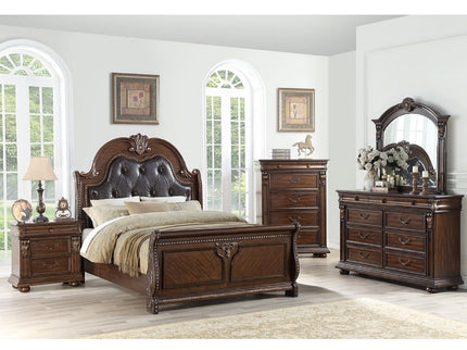 Bed & Carved Padded And Button Tufted Headboard