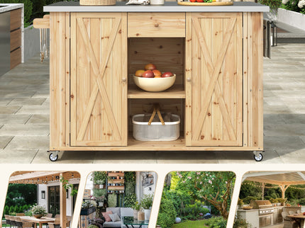 Outdoor Kitchen Island With Stainless Steel Top, Ample Storage Space, Towel And Spice Racks And A Bottle Opener