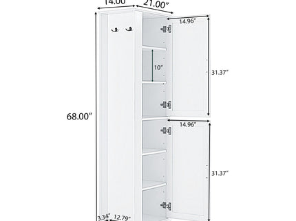 Tall Freestanding Bathroom Storage Cabinet With Adjustable Shelves And Side Hooks