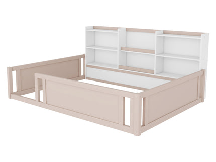 Platform Floor Bed With Guardrail Fence And Side Storage Shelves
